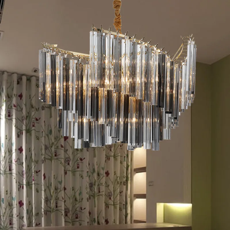 Sleek Smoke Gray Chandelier - Postmodern Spiral Design, Crystal Rods - Perfect for Living Room Lighting - 5/10 Heads Hang Lamp