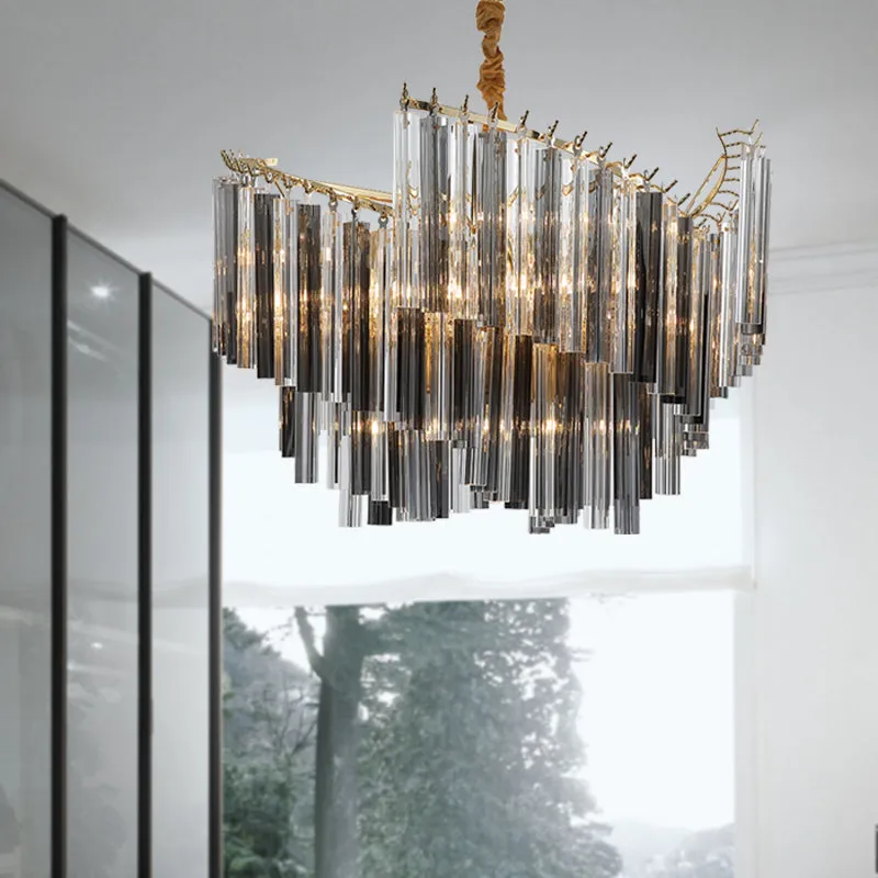 Sleek Smoke Gray Chandelier - Postmodern Spiral Design, Crystal Rods - Perfect for Living Room Lighting - 5/10 Heads Hang Lamp