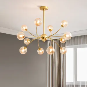 Sleek Spherical Chandelier: Postmodern Smoke Gray/Cognac Glass, 15 Bulbs Gold Ceiling Fixture