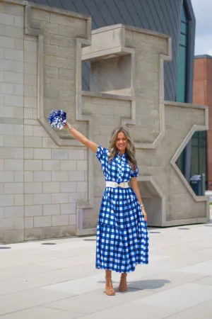 Sleek Stand-Collar Checked Colour-Block Dress | Blue