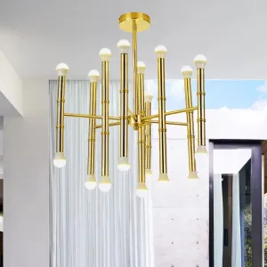 Sleek Tube Chandelier Gold Pendant Light - Modern Metallic 18-Bulb Ceiling Fixture for Living Room