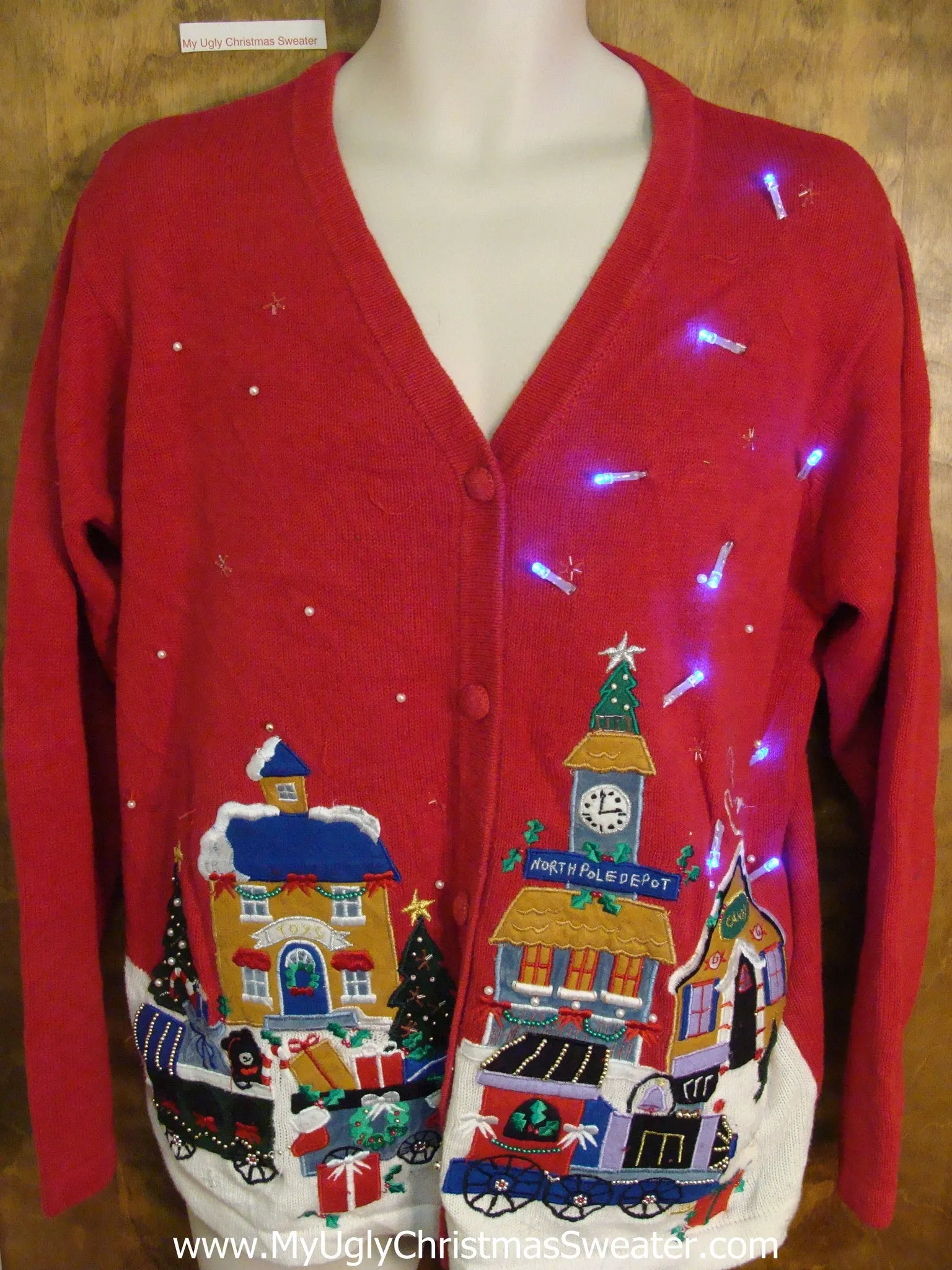 Sleepy Winter Town Cute Christmas Sweater with Lights