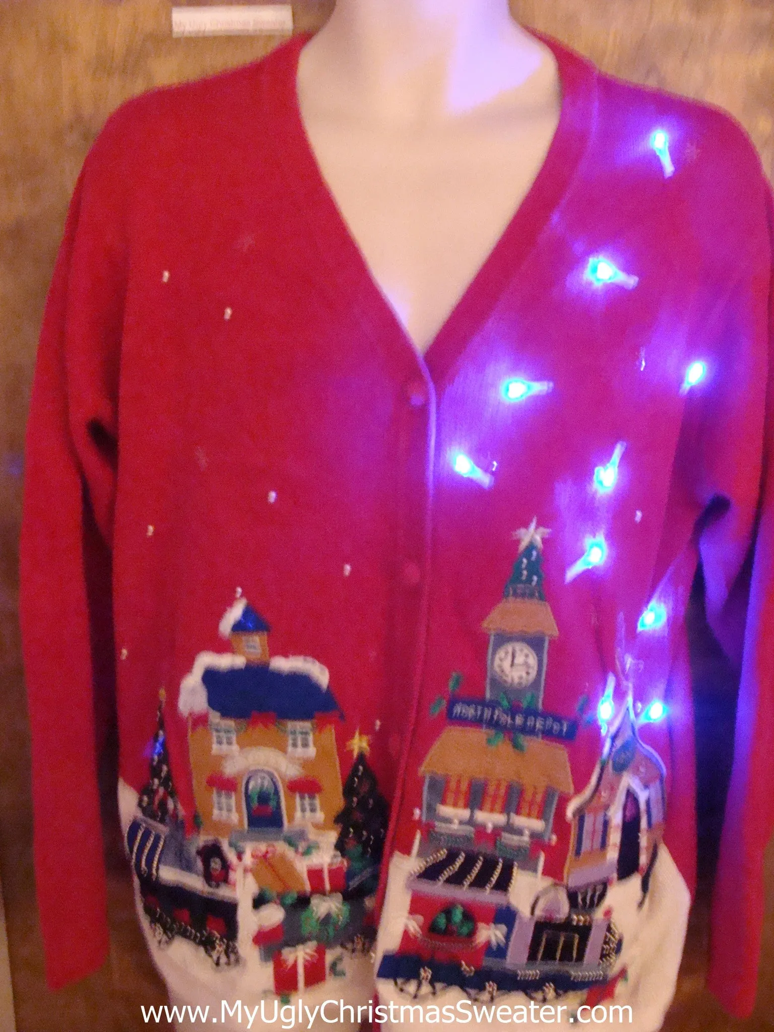 Sleepy Winter Town Cute Christmas Sweater with Lights