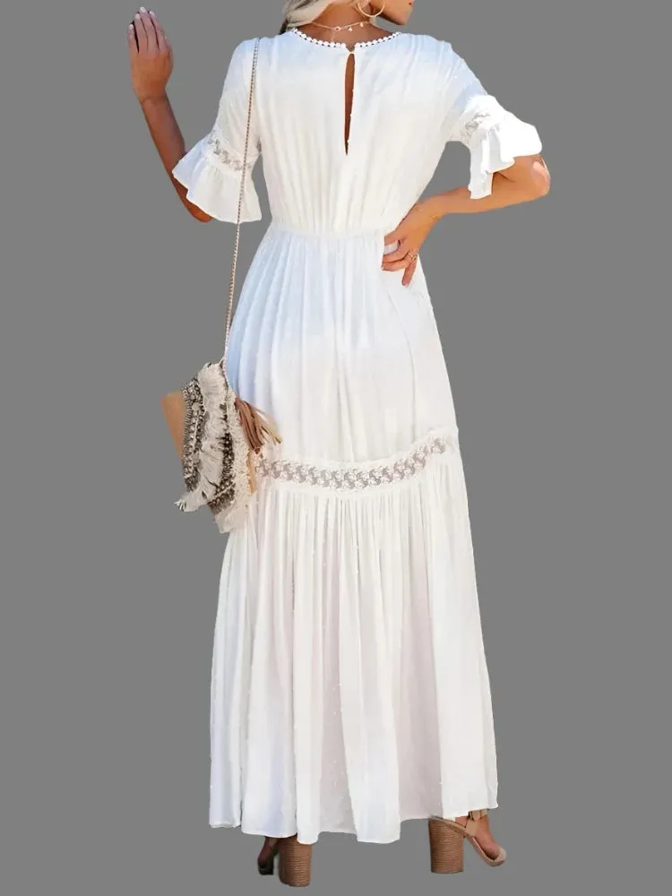 Sleeve V Neck Long Dresses Ladies Elegant Casual Loose