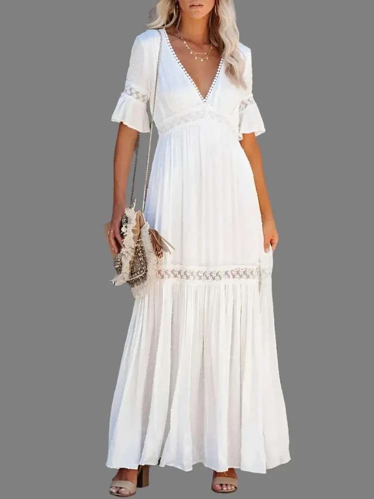 Sleeve V Neck Long Dresses Ladies Elegant Casual Loose