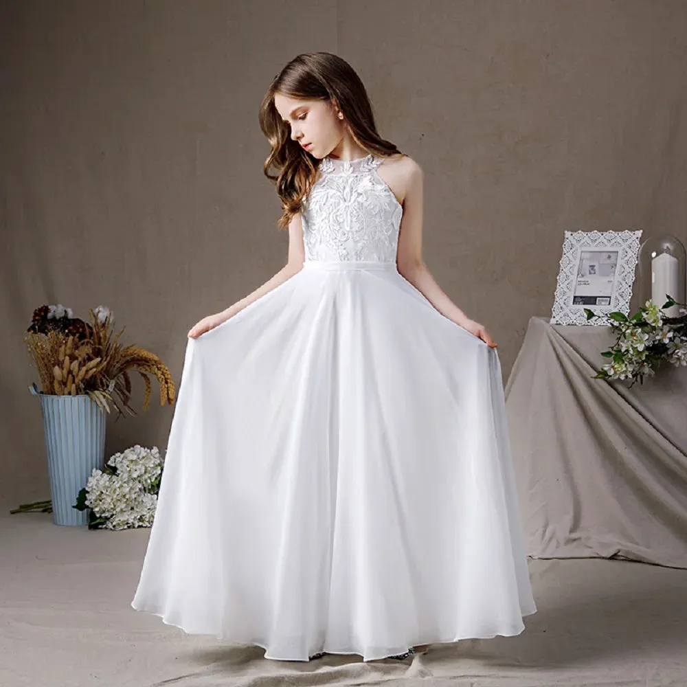 Sleeveless Chiffon Flower Girl Dress – Lace Junior Bridesmaid Gown