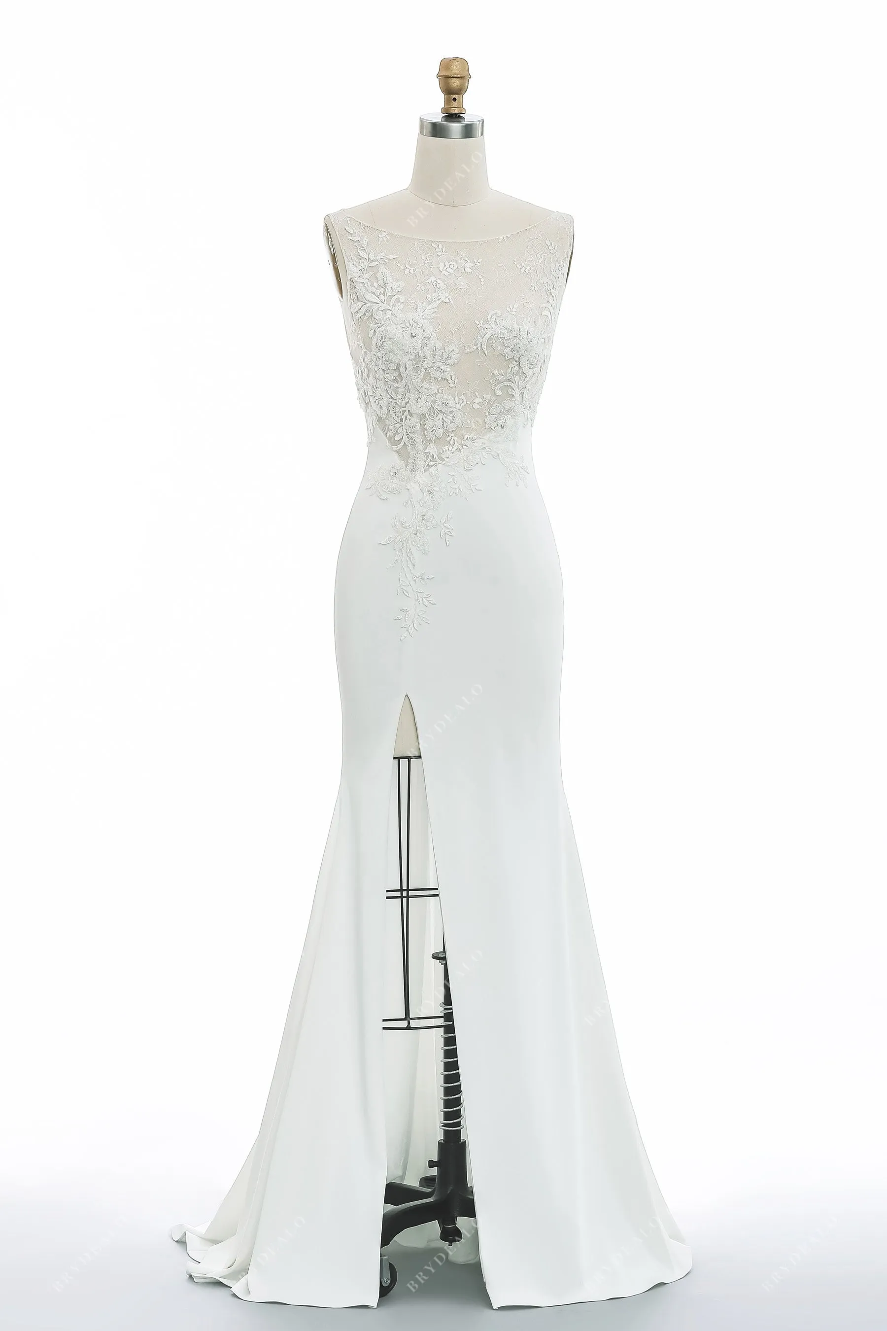 Sleeveless Designer Beaded Lace Slit Satin Mermaid Bridal Gown