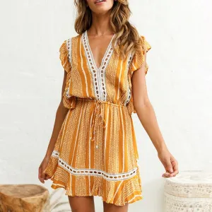 Sleeveless Floral Ruffled High Waist Summer Cotton Boho Dress