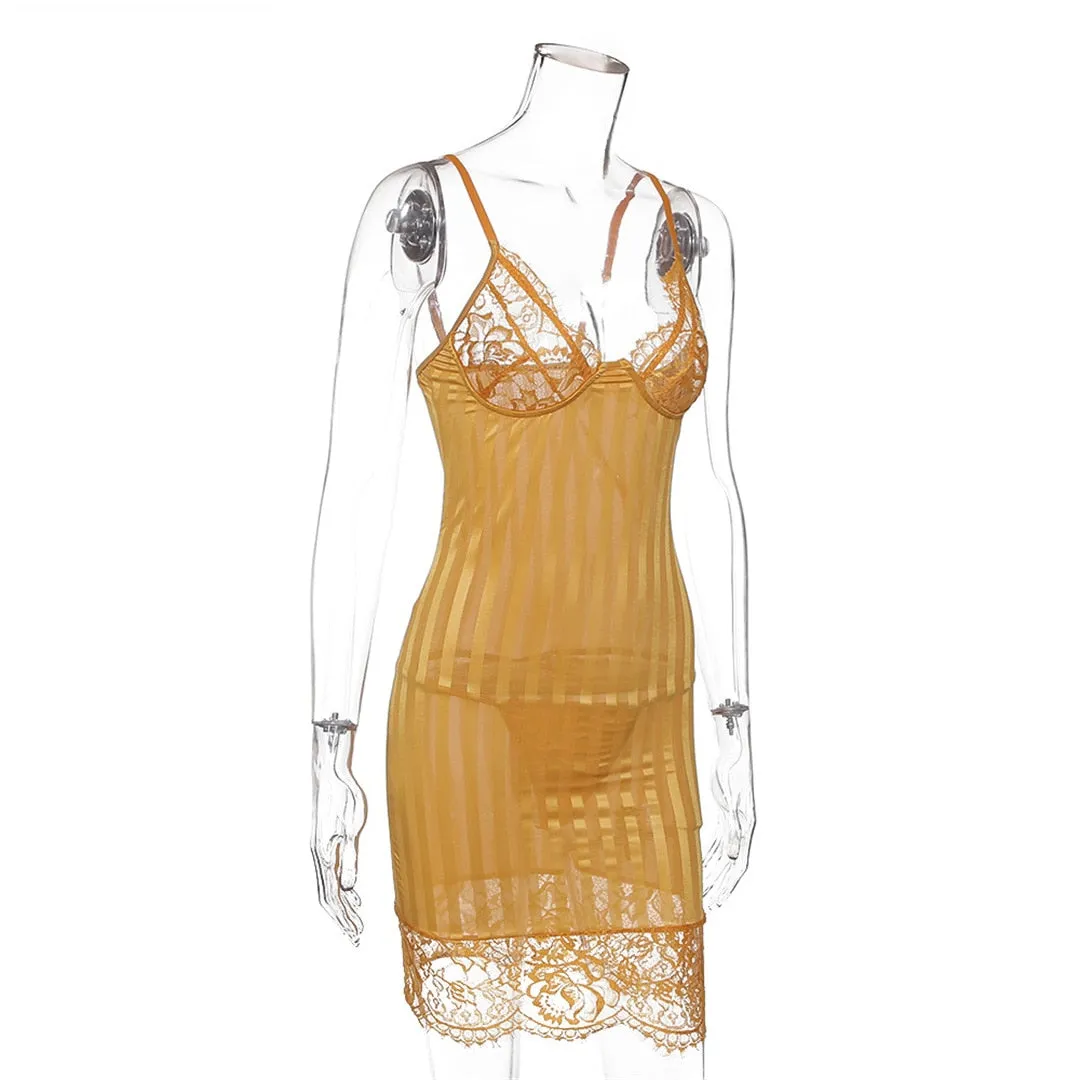 Sleeveless Sheath One-Step Hips Above Knee Fashion Lady Club Sexy See Through Lace Mini Dress