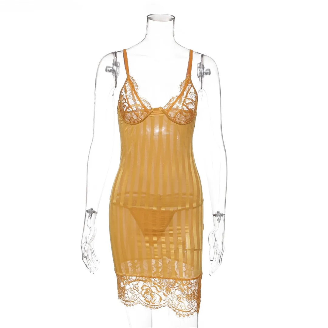 Sleeveless Sheath One-Step Hips Above Knee Fashion Lady Club Sexy See Through Lace Mini Dress