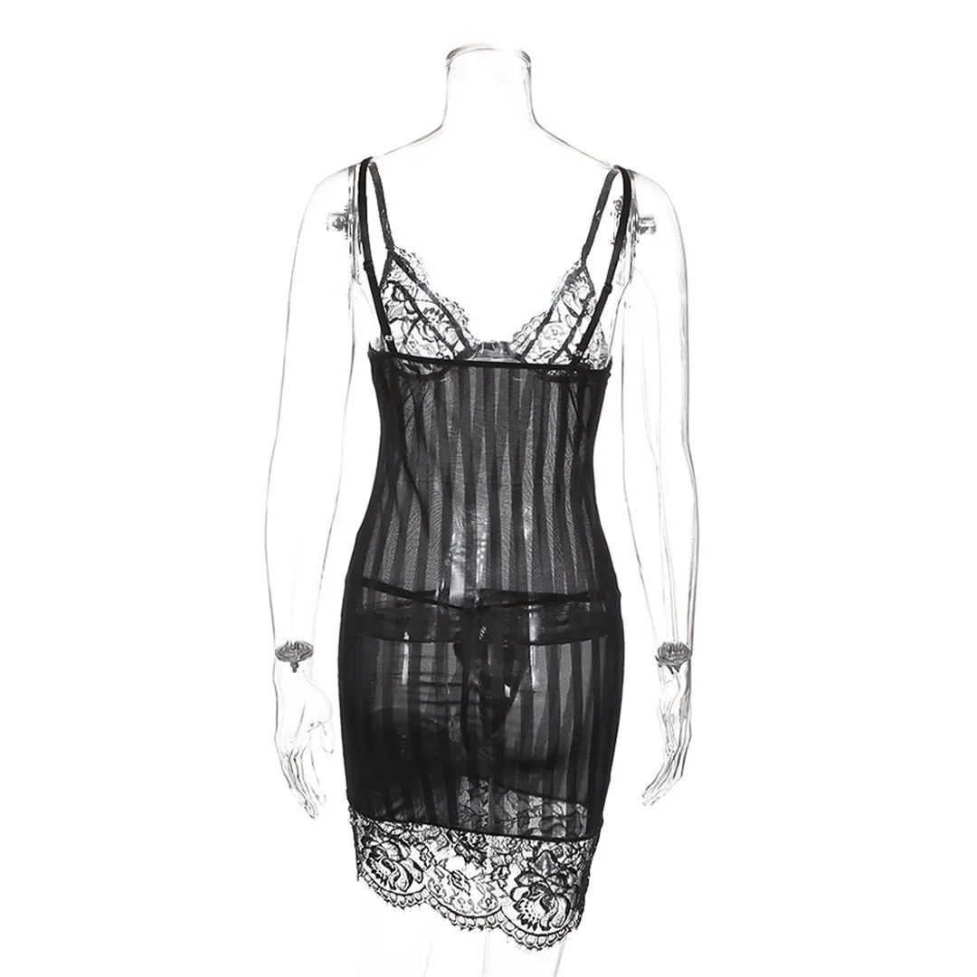 Sleeveless Sheath One-Step Hips Above Knee Fashion Lady Club Sexy See Through Lace Mini Dress