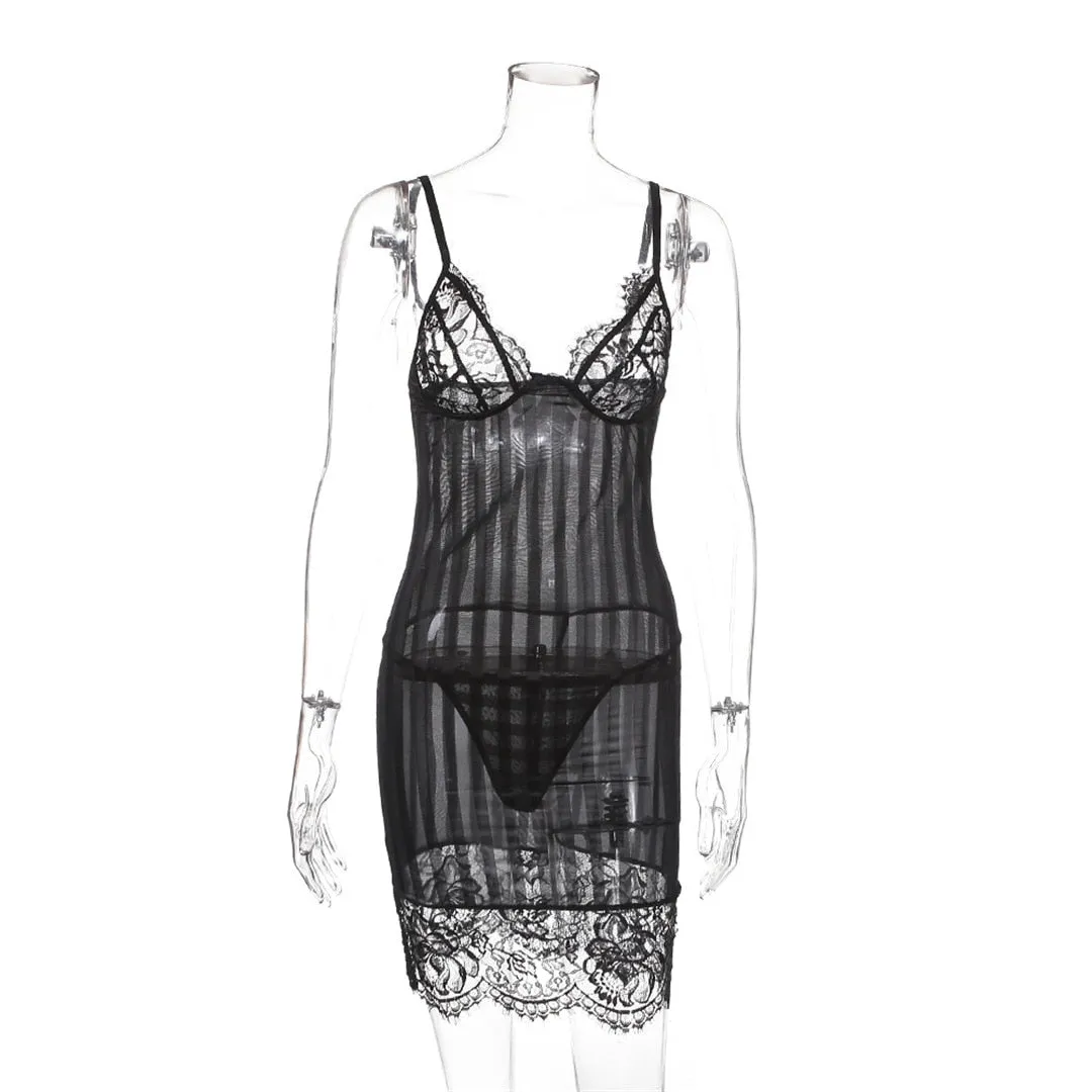 Sleeveless Sheath One-Step Hips Above Knee Fashion Lady Club Sexy See Through Lace Mini Dress