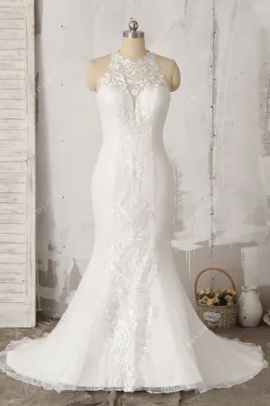 Sleeveless Stylish Lace Illusion Halter Mermaid Timeless Wedding Dress