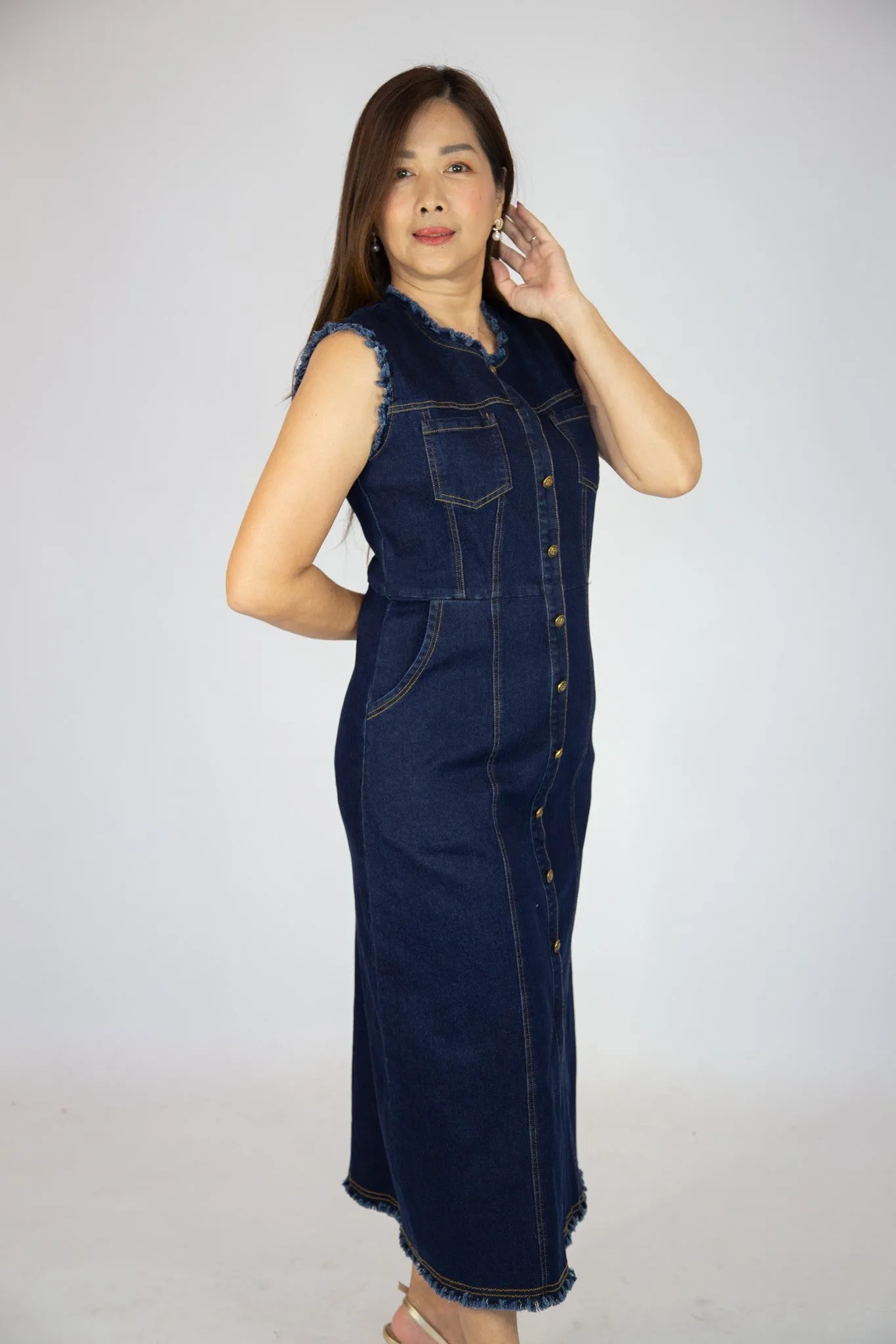 Sleeveless Topstitch Denim Dress