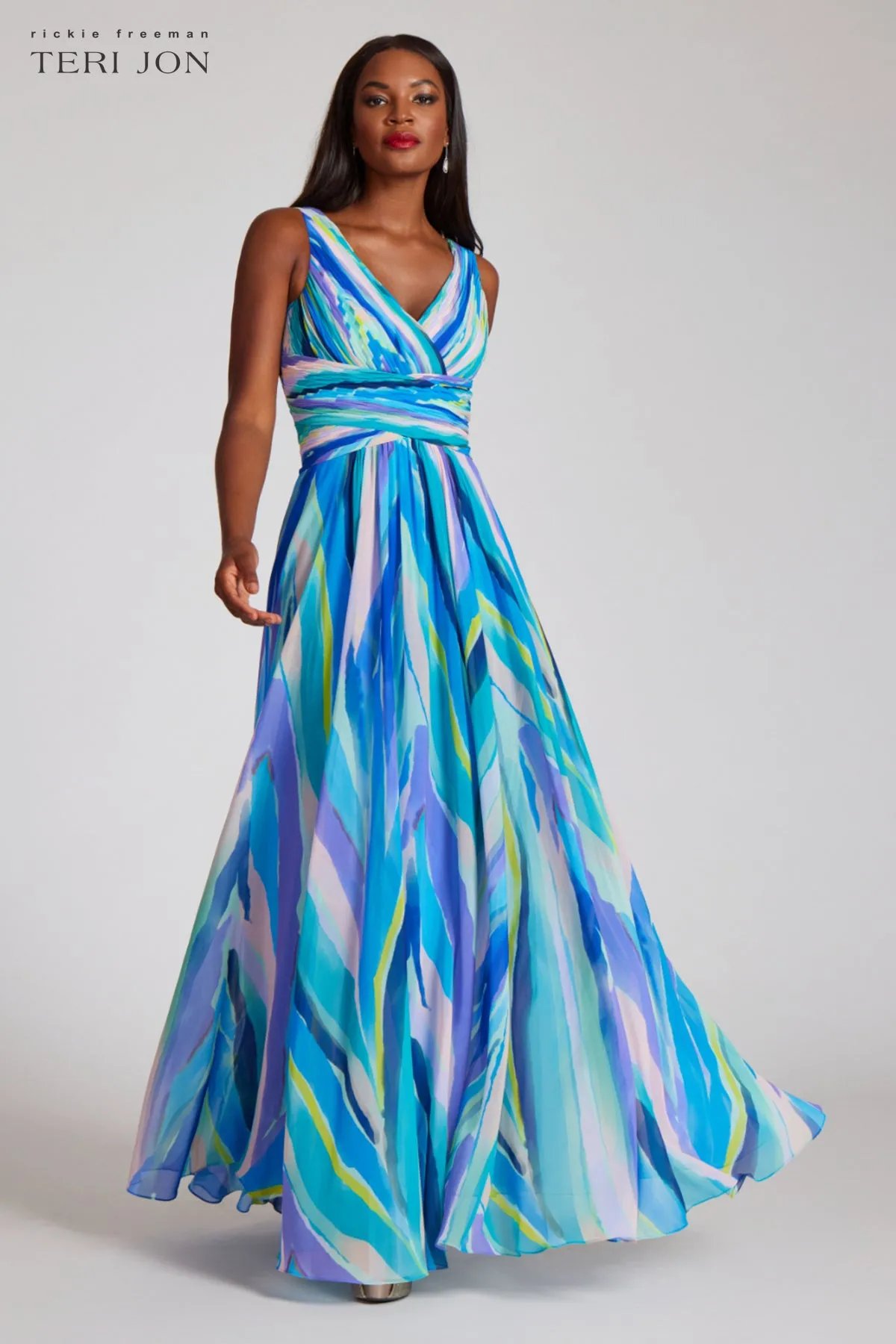 Sleeveless V-Neck Draped Bodice Chiffon Gown