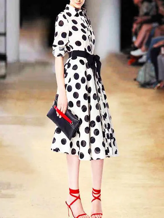 Slim Black And White Dot Long Dress With Big Swing