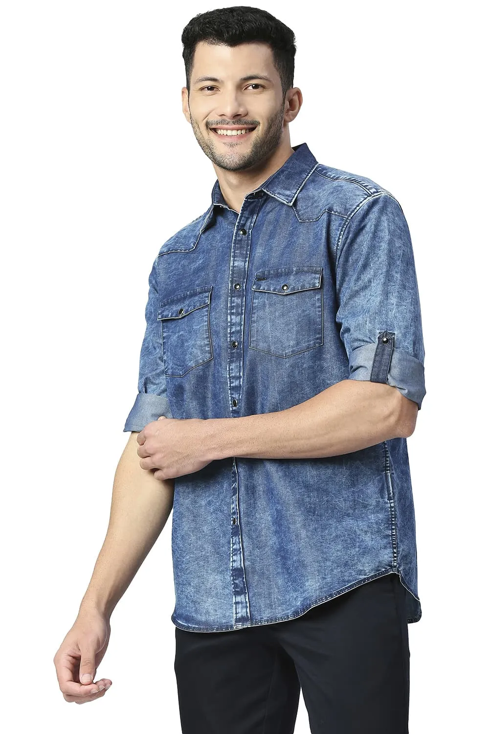 Slim Fit Cotton Polyester Indigo Shirt