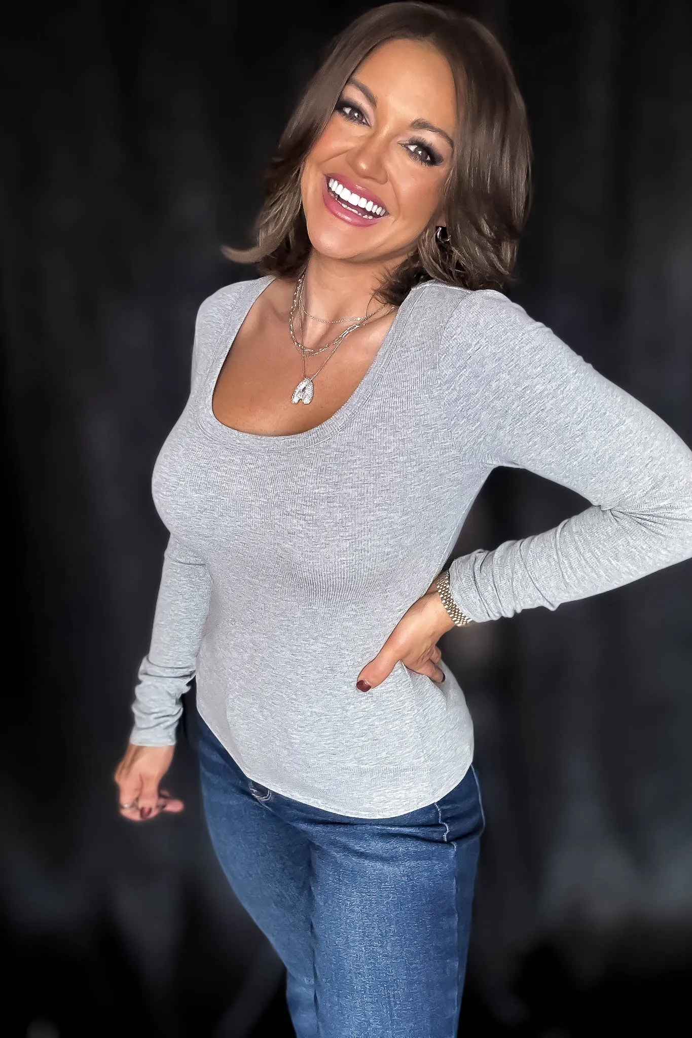 Slim Fit Heather Grey Scoop Neck Long Sleeve Top