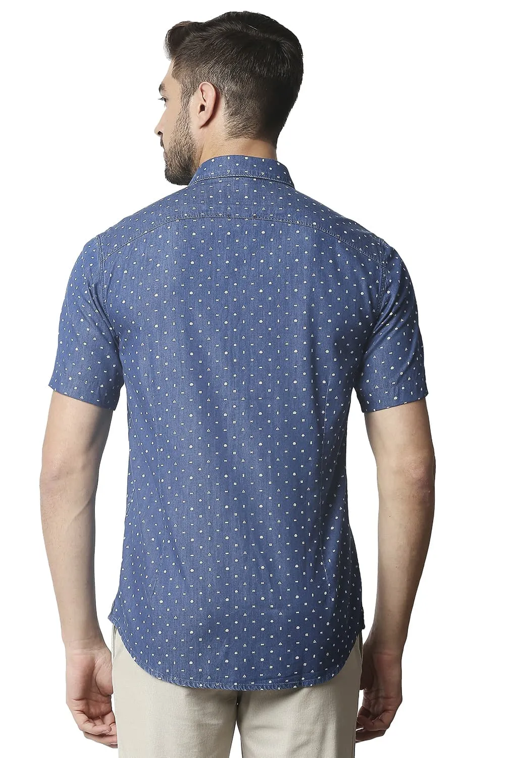 Slim Fit Indigo Printed Halfsleeves Shirt