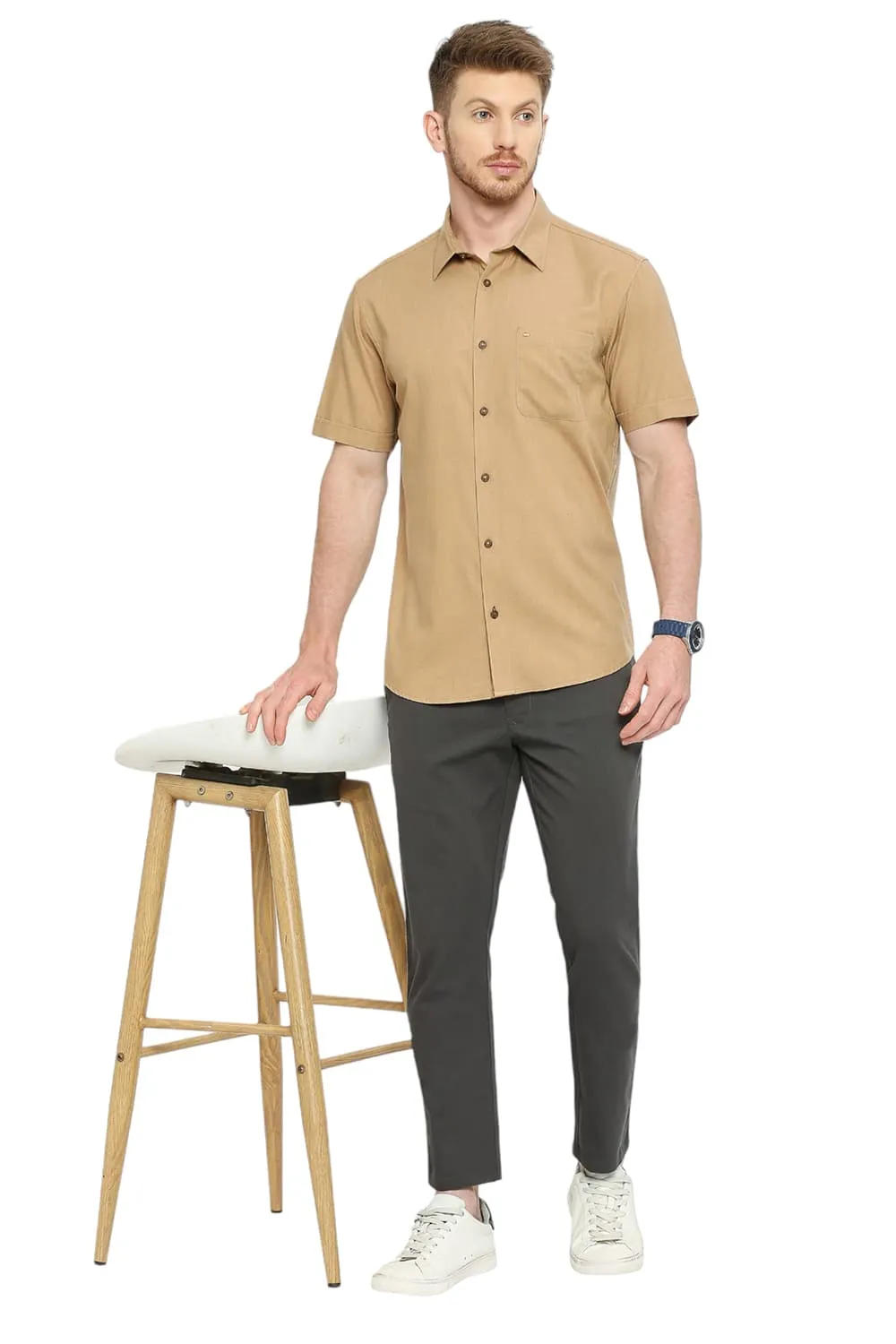 Slim Fit Polyester Cotton Lyocel Twill Melange Halfsleeves Shirt