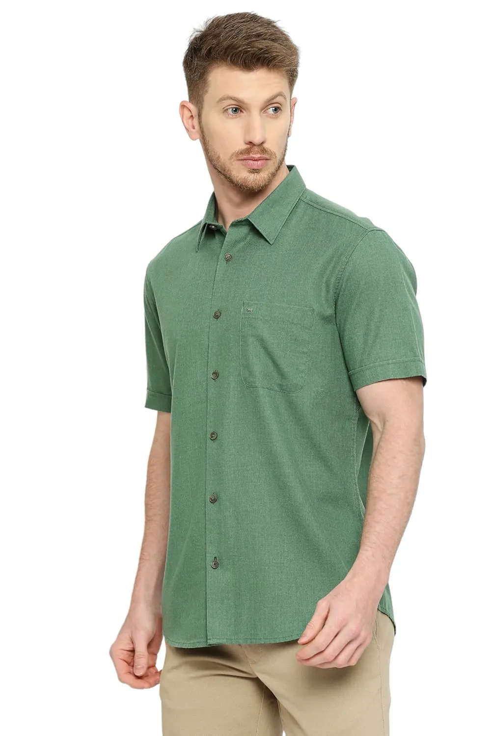 Slim Fit Polyester Cotton Lyocel Twill Melange Halfsleeves Shirt