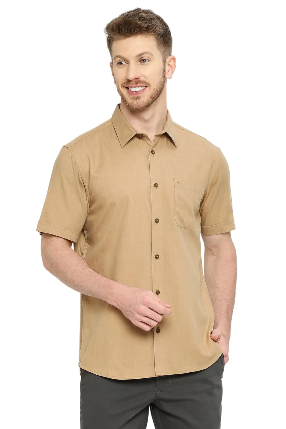 Slim Fit Polyester Cotton Lyocel Twill Melange Halfsleeves Shirt