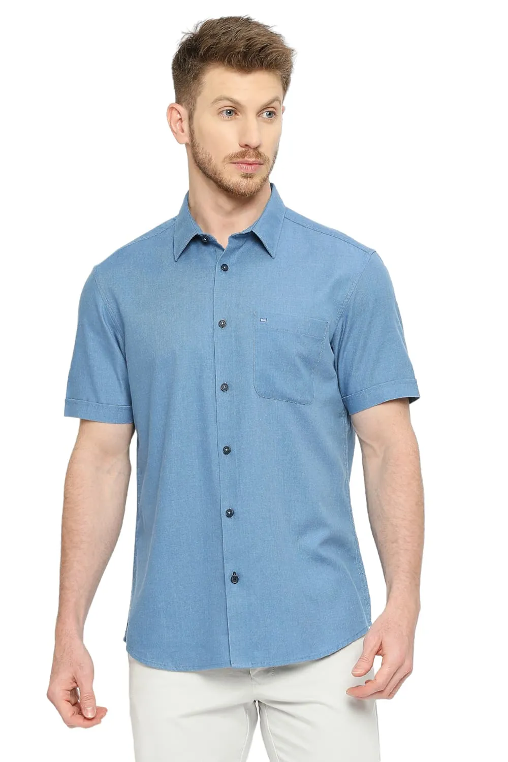 Slim Fit Polyester Cotton Lyocel Twill Melange Halfsleeves Shirt