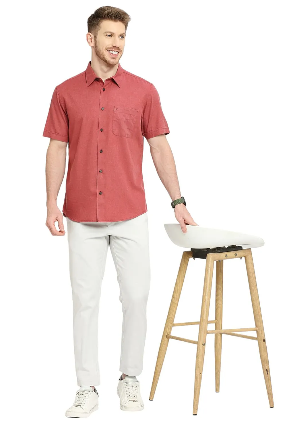 Slim Fit Polyester Cotton Lyocel Twill Melange Halfsleeves Shirt