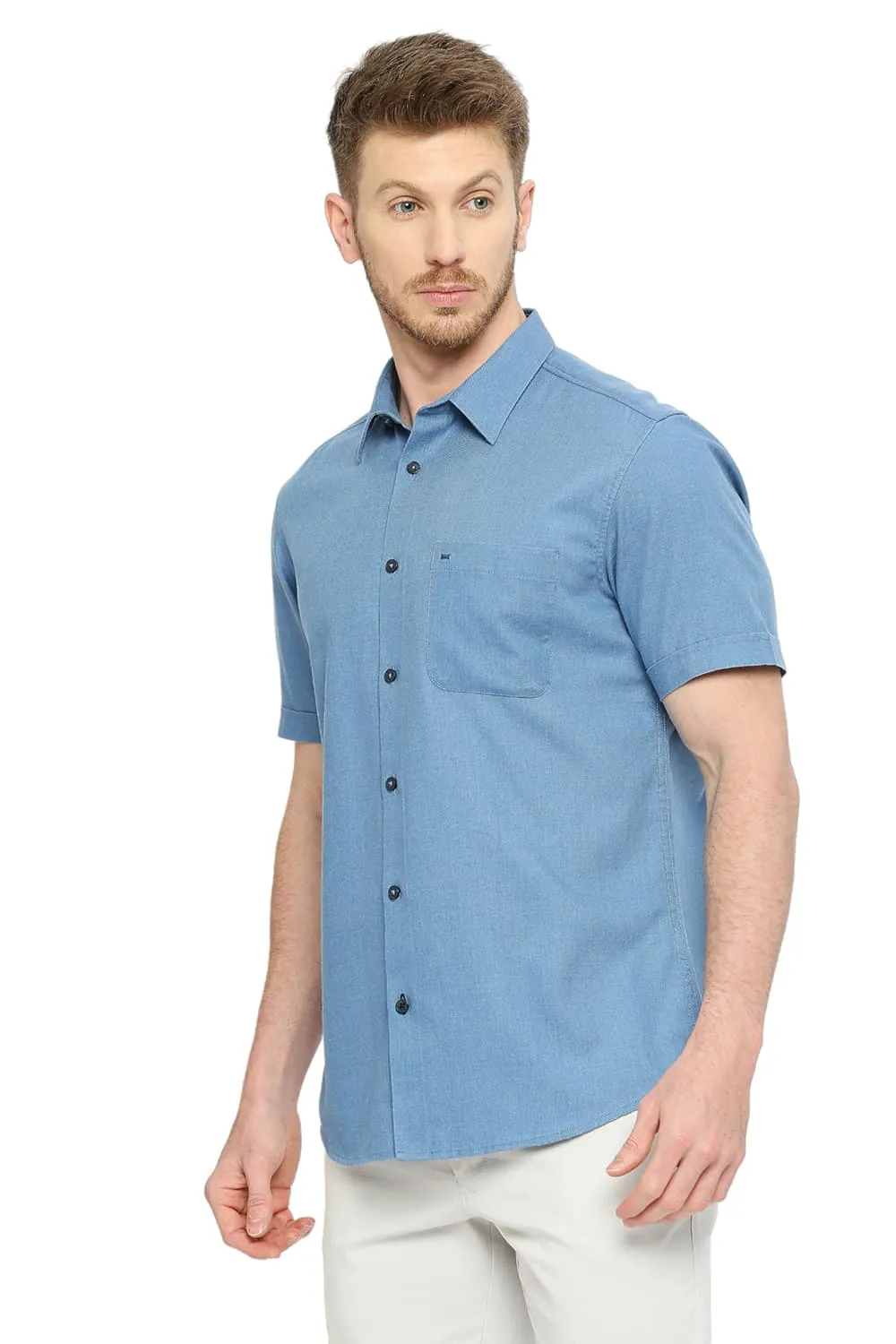 Slim Fit Polyester Cotton Lyocel Twill Melange Halfsleeves Shirt