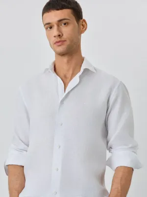 Slim Fit Shirt With Open Collar In Linen