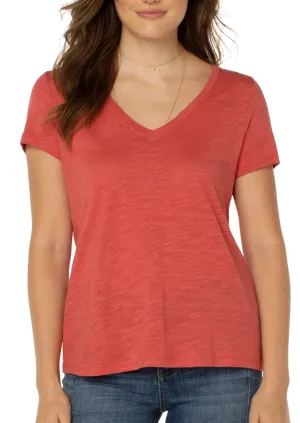 Slim Fit V-Neck Slub Knit Tee - Coral