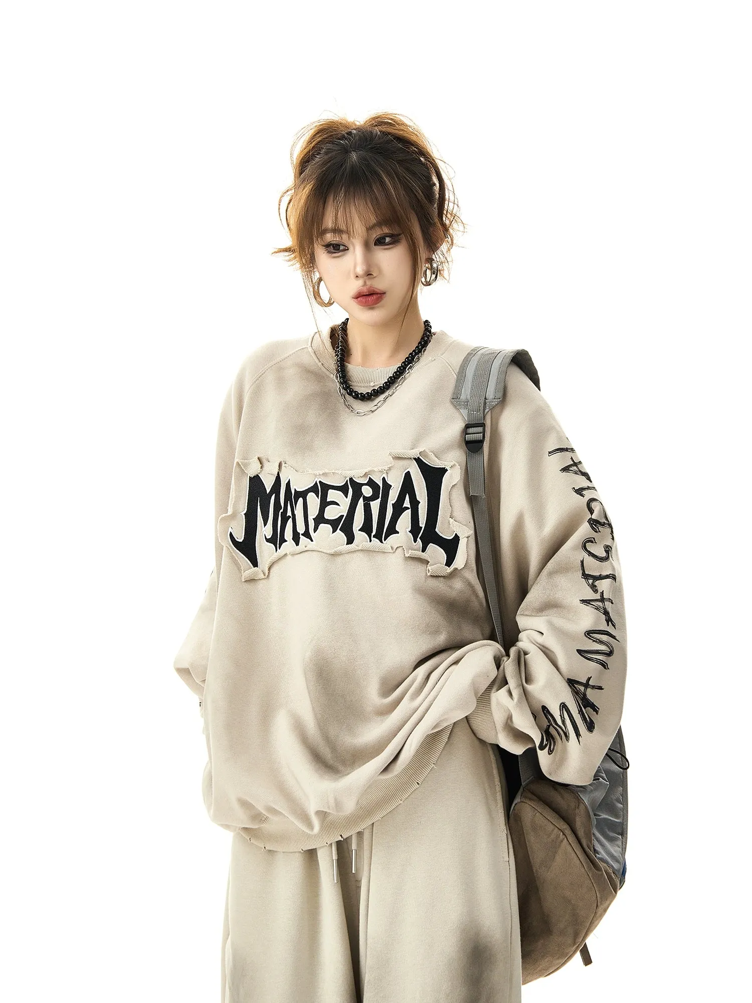 Slouchy Wash Distressed Embroidered Sweatshirt Oversize Wasteland Style Pullover Top