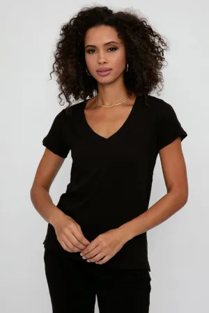 Slub Jersey Schoolboy V-Neck Tee in Black