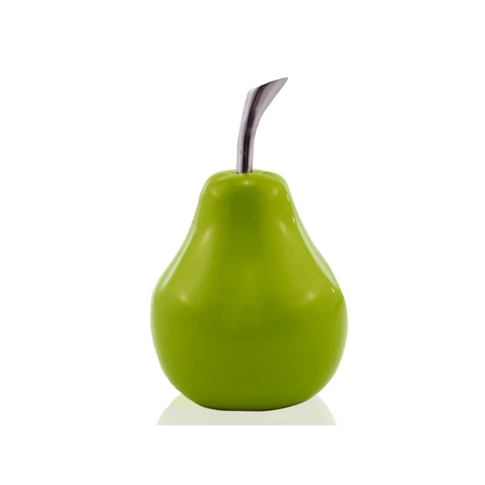 SM Green Small Peral Verde, Pear, Fruit, Tabletop, Transitional, Accents, Décor, Desk, Silver Stem, Aluminum, 4" L x 4" W x 6.5" H