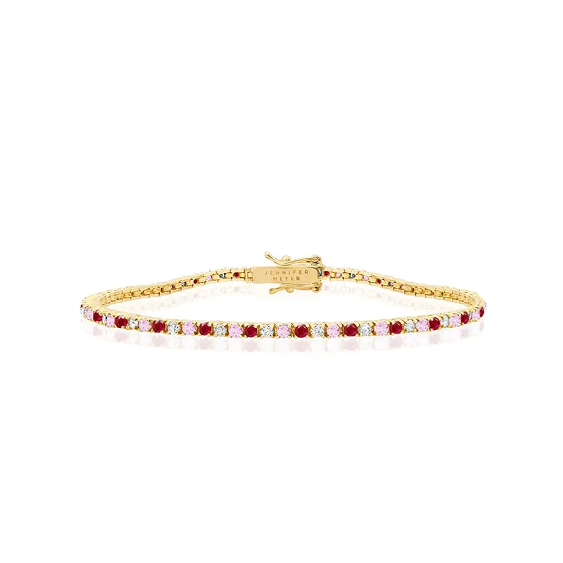 Small 4-Prong Diamond, Pink Sapphire, and Ruby Tennis Bracelet