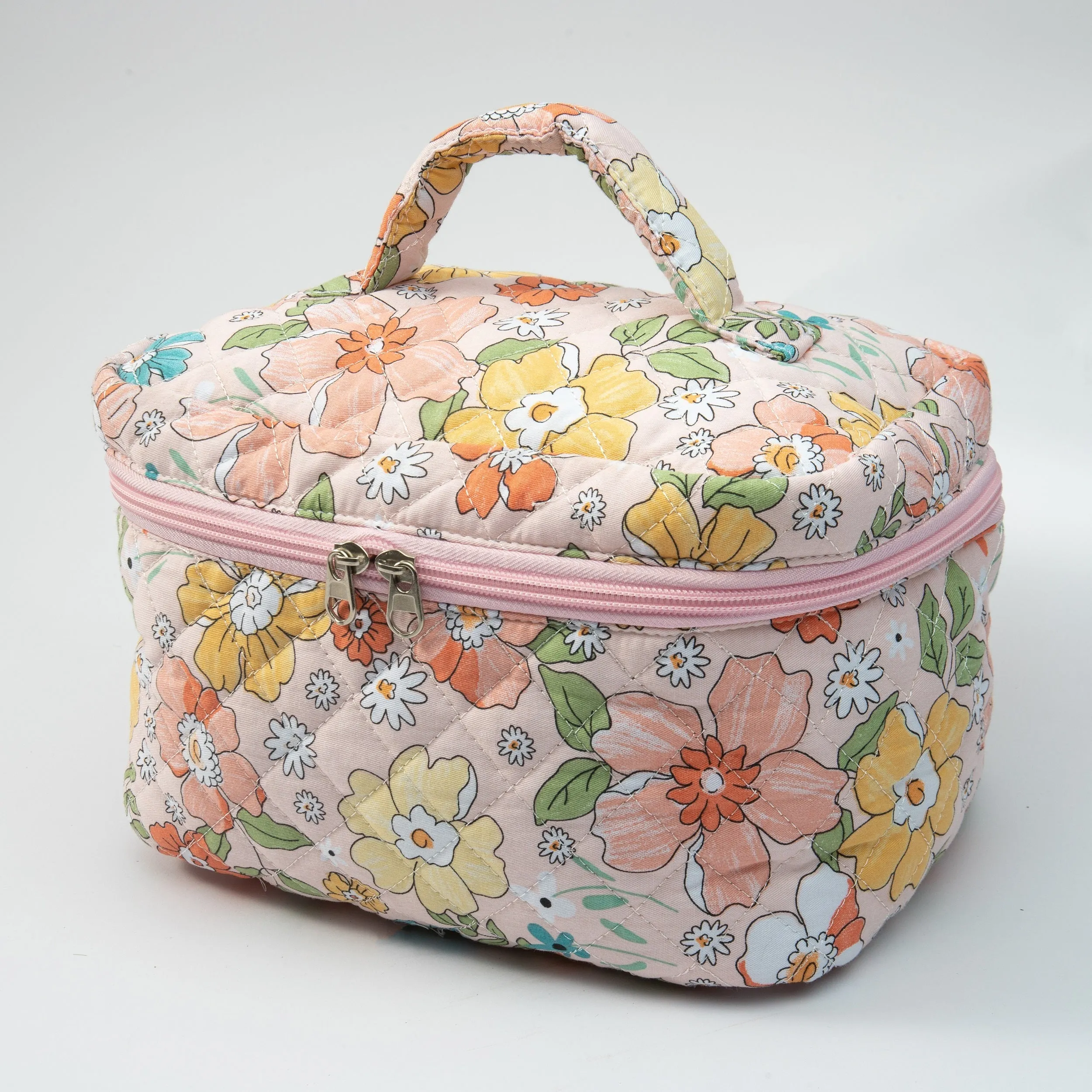 Small Cosmetic Bag With Floral Quilted Makeup Pouch - Travel Toiletry Organizer