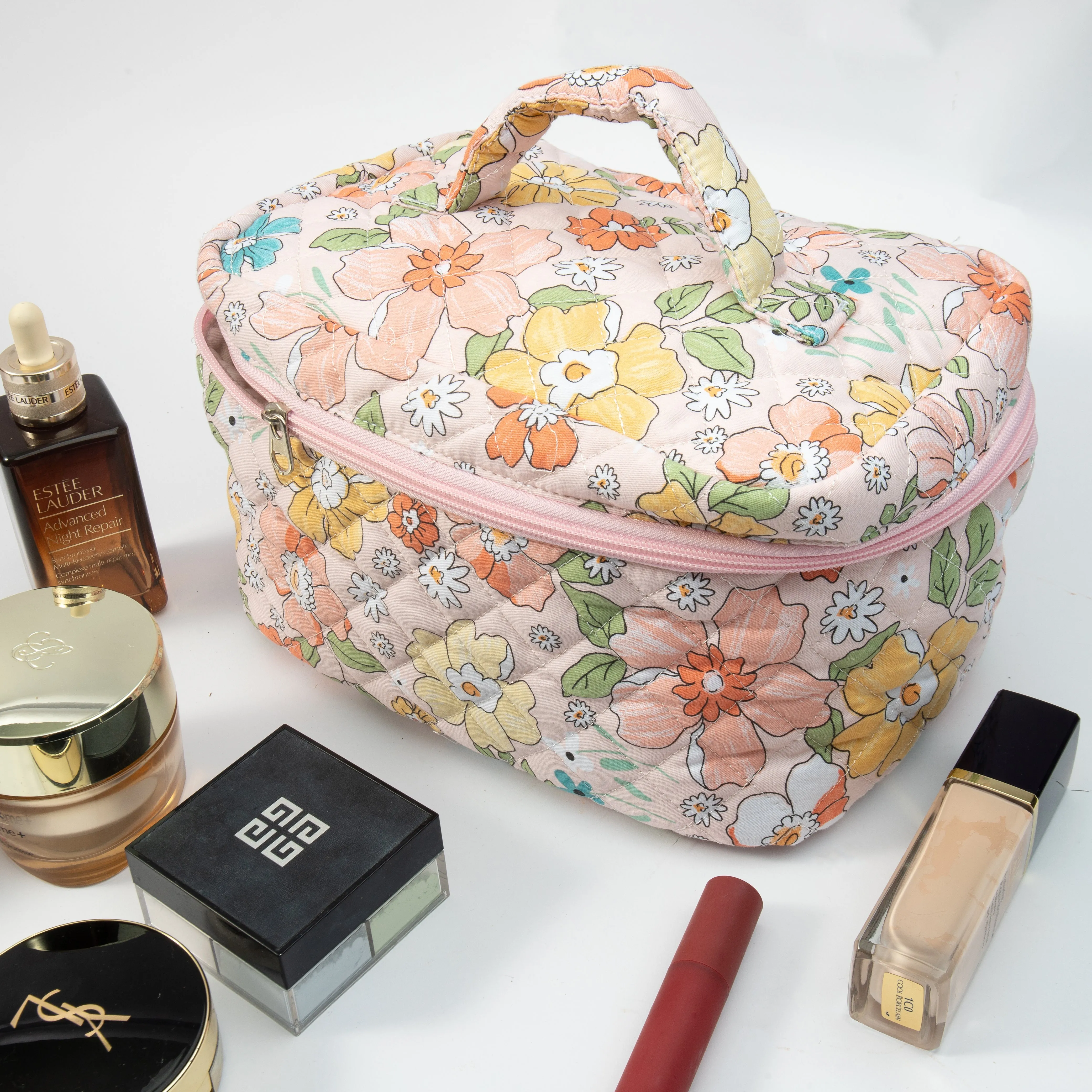 Small Cosmetic Bag With Floral Quilted Makeup Pouch - Travel Toiletry Organizer