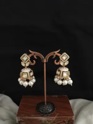 Small Kundan Meenakari Jhumki with Pearl Drops