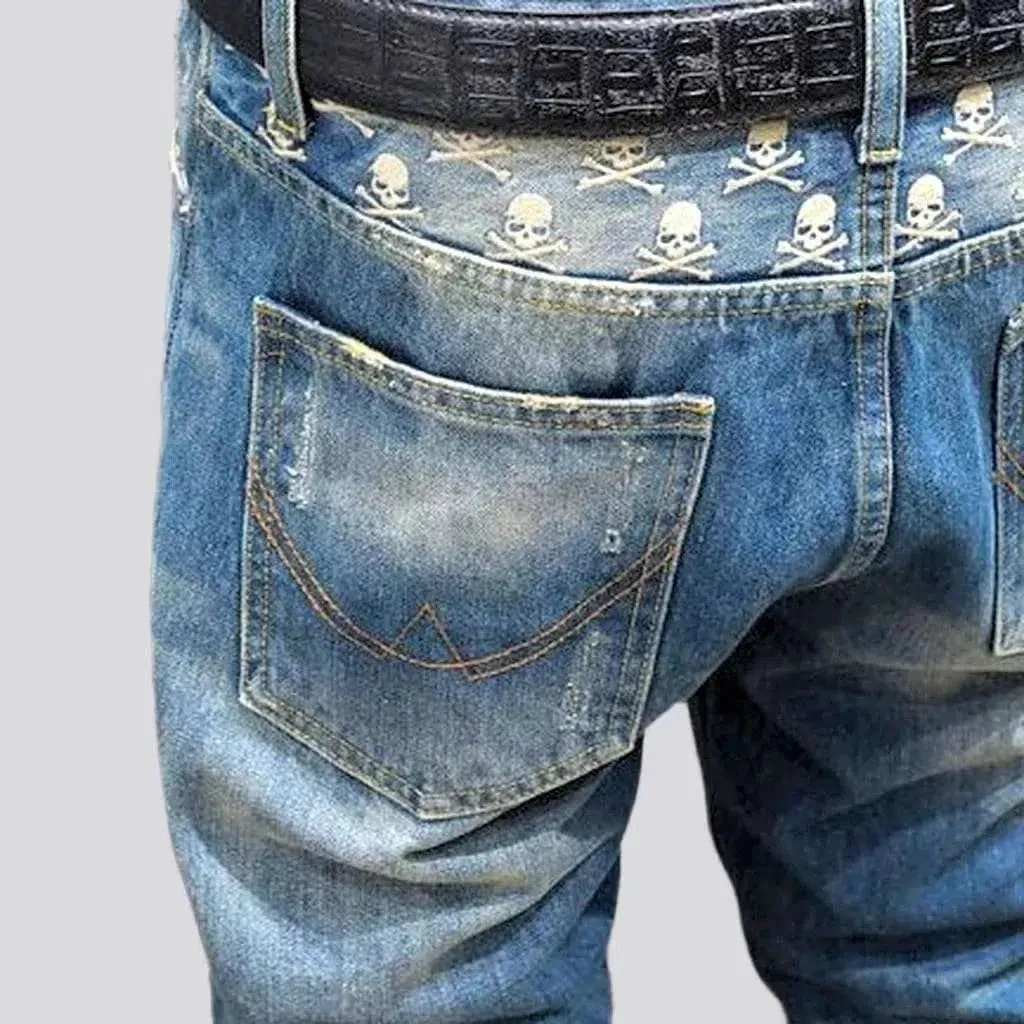 Small skulls embroidery jeans
 for men