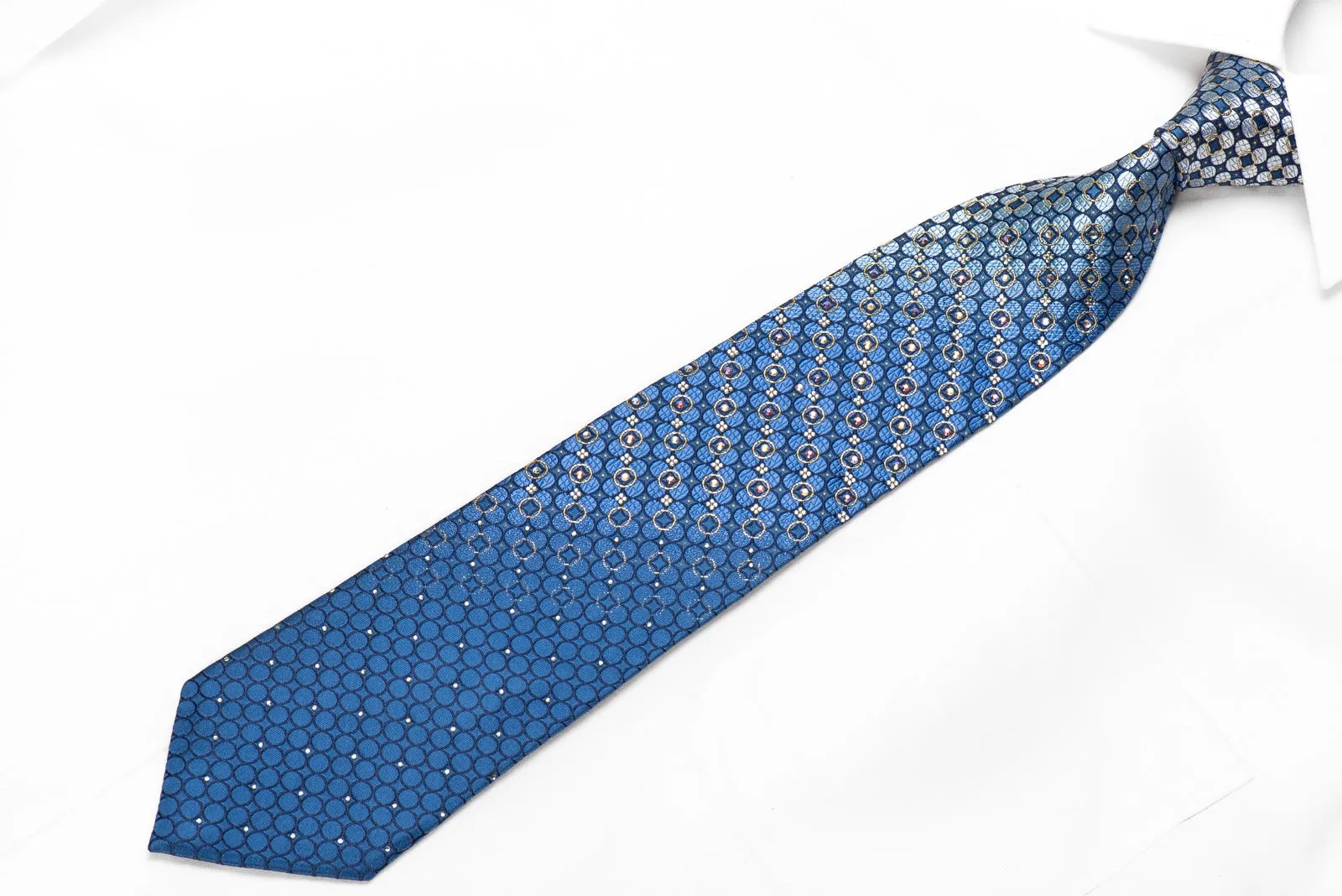 Smalto Men's Crystal Silk Necktie Geometric Circles On Blue With Gold Sparkles