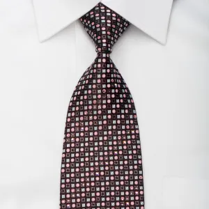 Smalto Rhinestone Silk Necktie Pink Dots & Silver Squares On Black With Sparkles