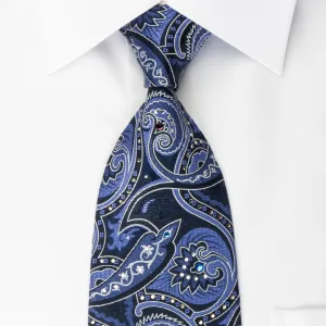 Smalto Silk Tie Paisley On Blue Woven Silk With Crystal Rhinestones