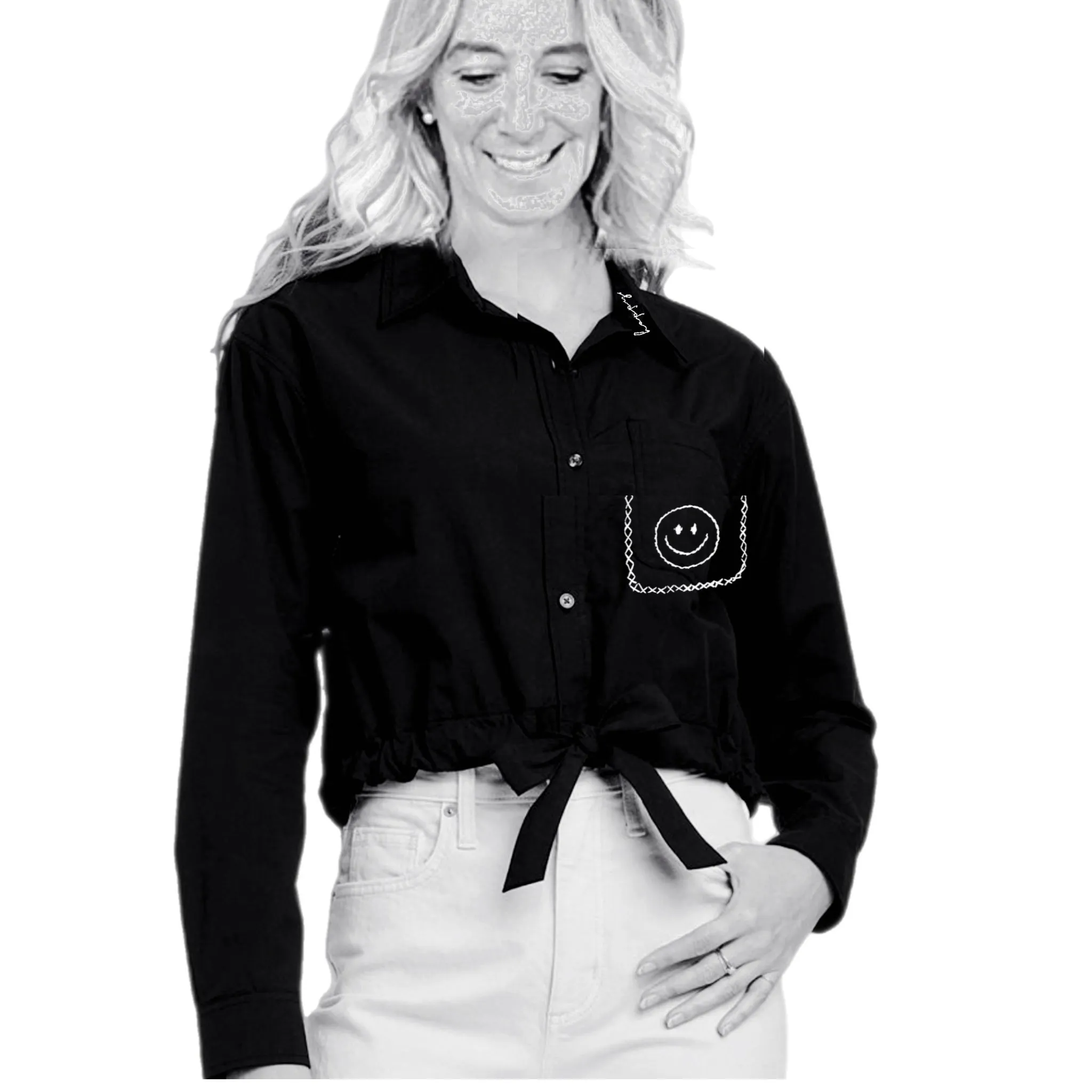 Smile Tie Embroidery Front Button-Down