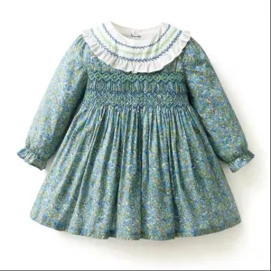 Smocked Green Floral Girl's Dress with Embroidered Collar