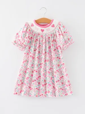 Smocking Heart Bow Embroidery Girls Dress