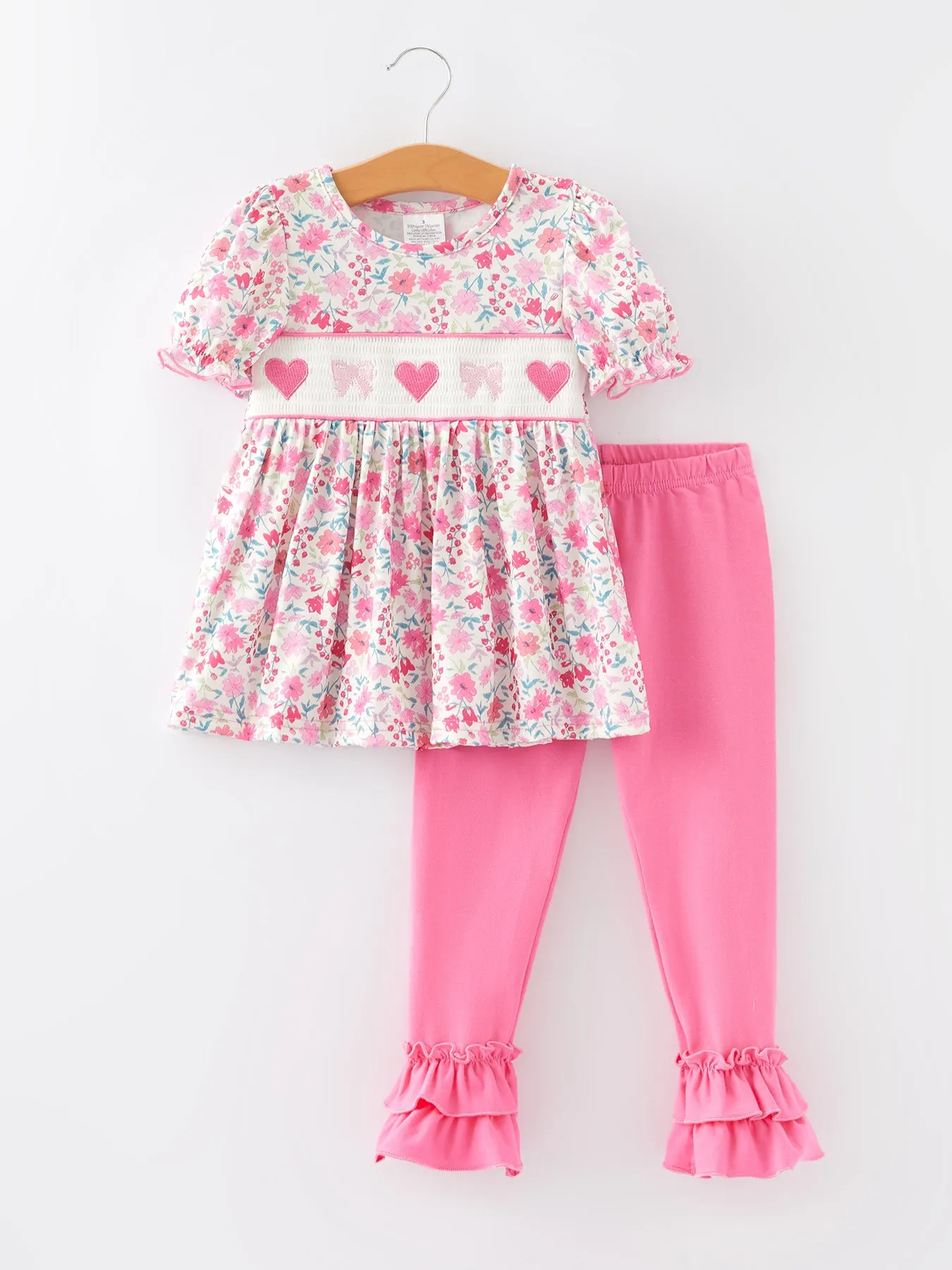 Smocking Heart Bow Embroidery Girls Outfits Set