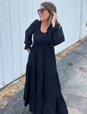 Smocking Woven Bubble Sleeve Maxi Dress - Black