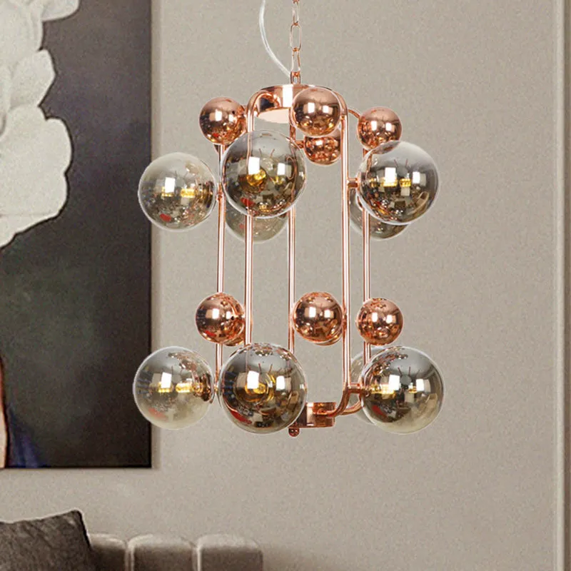 Smoke Gray Glass Modernist Globe Chandelier â€“ 10 Bulb Pendant Light for Living Room