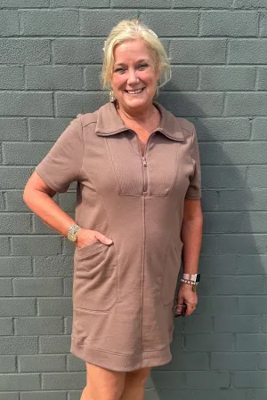 Smoky Brown Casual Quarter Zip Dress