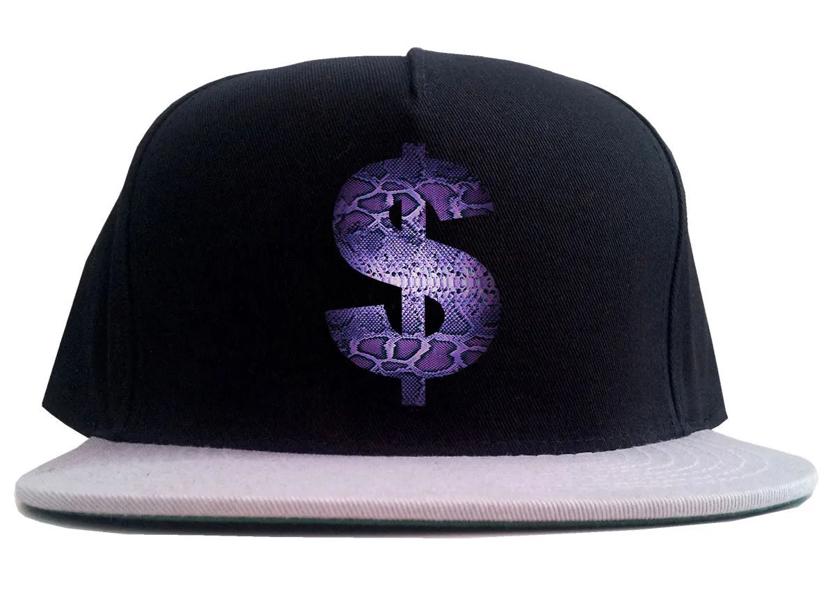 Snakeskin Money Sign Purple Animal Print 2 Tone Snapback Hat